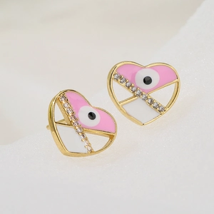18K gold plated heart stud earrings with evil eye motif and pink white enamel