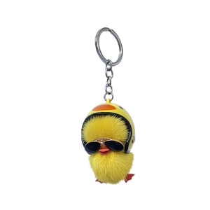 Cute yellow mink fur mini duck plush keychain with yellow helmet and black sunglasses