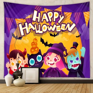 Detail of Halloween tapestry with cartoon witch, black cat and Happy Halloween text