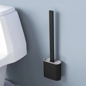 Wall-mounted black silicone toilet brush with long handle and square holder for bathroom