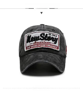 Detailed view of the washed cotton fabric and New Story embroidery on the vintage baseball cap