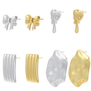 Vintage Brass Stud Earrings Gold Silver Plated Geometric Bow Heart Irregular Liquid Metal Fashion For Women Accessory