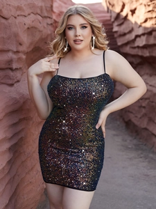 Sexy slim-fit mini dress with colorful sequins and thin straps for a sparkling party look