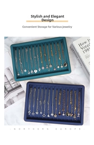 Detailed top view of luxury velvet jewelry trays with necklace slots on marble