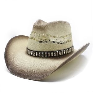 Chapeau de cow-boy en paille tissée imperméable avec bande à rivets et bordure vieillie