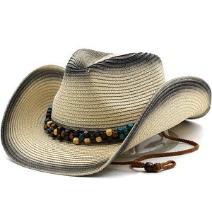 Chapeau De Paille De Cowboy Western Pour Hommes Femmes Dégradé Papier Paille Protection Solaire Bord Large Plage Voyage Perles En Bois