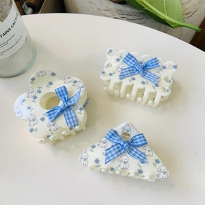 Set of three white floral hair claws with blue plaid bows and cute rabbit patterns