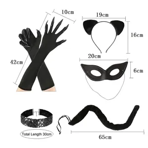 Sexy black cat costume set with ears headband, claw gloves, mask, and fluffy tail dimensions
