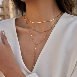 Three-layer 18K gold-plated stainless steel layered necklace with snake chain and Y-pendant