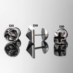 Titanium steel punk earrings set featuring plague doctor, pyramid and cross designs