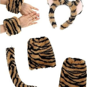 Five-piece tiger faux fur costume set including cat ears headband, tail, and claw gloves
