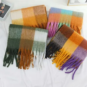Chunky rainbow mohair plaid scarves with tassels in various colorful patterns