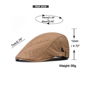 Detailed size chart for retro plaid newsboy hat showing brim length and head circumference