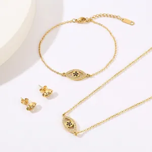 Collier Bracelet Et Boucles D'oreilles Mauvais Œil Acier Inoxydable Creux Zirconia Bijoux Minimalistes Pour Femmes