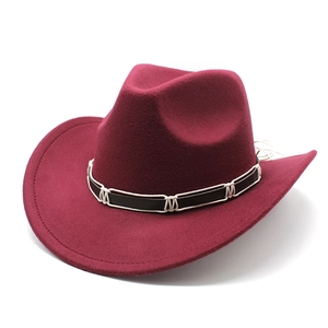 Detailed view of wine red felt cowboy hat featuring a black leather band and woven rope