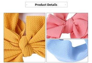 Detail of waffle texture knitted pet headbands with bowknots in yellow, pink and blue