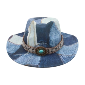 Western style denim print fedora with woven band and turquoise stone centerpiece