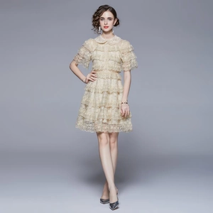 Elegant beige lace tiered A-line dress with pearl Peter Pan collar and layered ruffled hem