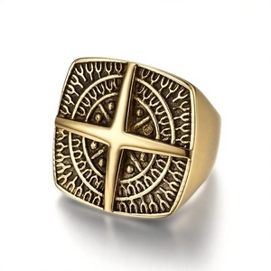Vintage gold stainless steel viking compass signet ring with nautical star design