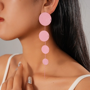 Geometric Circular Textured Long Drop Earrings Iron Statement Fashion Accessories For Women With Silver Earring Post