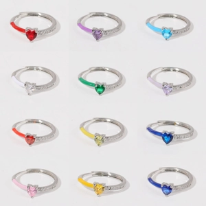 Heart Shape Birthstone Ring Copper Adjustable Enamel Colorful Gemstone Fashion Jewelry Accessory For Women