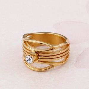 Minimalist gold titanium steel ring featuring a hollow fishtail design with center zircon