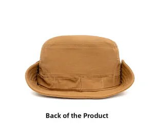 Back view of khaki cotton outdoor bucket hat with tactical webbing and vent holes