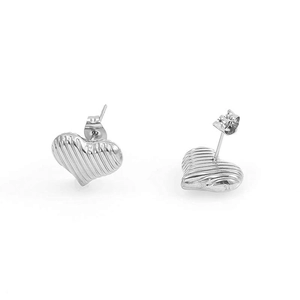 Silver heart earrings with pleated texture and stylish minimalist metal finish