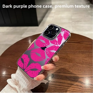Detail of transparent iPhone case featuring pink lip print on dark purple device