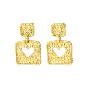 Retro golden square earrings with hollow heart pattern and hammered metal texture