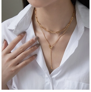 Detail of gold double-layer necklace with V-pendant, paperclip chain and tassel accents