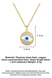 Detailed view of the 1.8cm evil eye pendant with blue eye design and white zircons