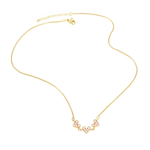 Detail of pink heart pendants on gold chain necklace with lobster clasp and extender
