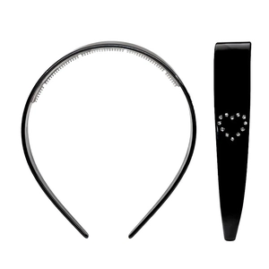 Detail of black tortoise acetate headband featuring sparkling rhinestone heart and inner teeth