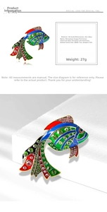 Detailed view of rhinestone peacock fish brooch with precise dimensions and measurements