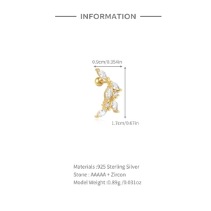 Detail specifications of silver leaf ear stud with dimensions and zircon material
