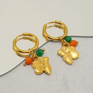 French vintage 18K gold plated bee hoop earrings with green and orange beads