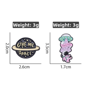 Detailed size and 3g weight info for Give Me Space and Take Me UFO enamel pins