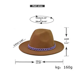 Size chart for brown wool fedora hat with purple chain detail and dimensions