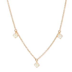 Detail of gold necklace featuring three round opal pendants in four-prong settings