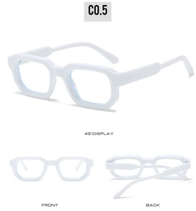 Detailed views of white chunky geometric frame eyeglasses with clear anti-blue light lenses