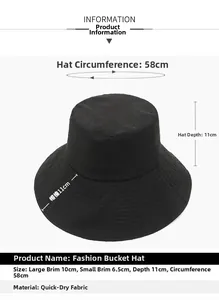 Detail view of black sun hat with quick-dry fabric mesh and specific size measurements