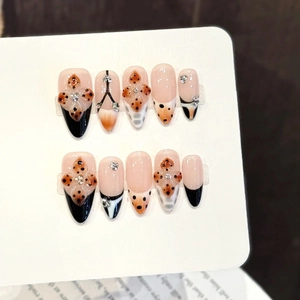 Leopard Print Press On Nails With 3D Flowers Rhinestones Black French Almond Shape Long False Nails For Women Sweet