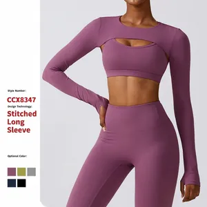 Women Yoga Suit Nylon Spandex Long Sleeve Hollow Out Shrug Top Sports Bra And High Waist Leggings Fitness Gym Apparel