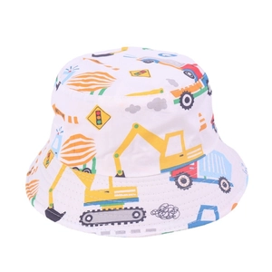 Detail of white kids sun hat with colorful cartoon construction vehicle patterns