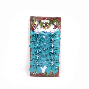 Set of 12 blue metallic Christmas tree decoration bows presented on card packaging