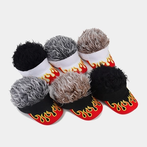 Visor baseball cap with flame embroidery and creative spiky hair wig for men and women