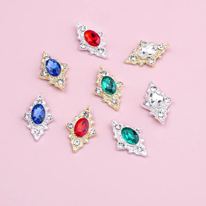 Baroque rhombus nail art charms with colorful marquise crystals in gold and silver base