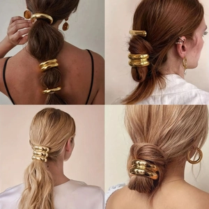 Irregular gold alloy ponytail cuff set with polished hair rings and matching earrings