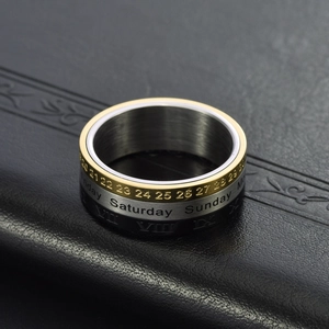 Tricolor rotating calendar ring in brushed stainless steel with Roman numerals